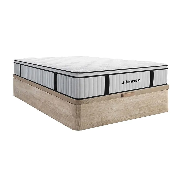 Ensemble 160 x 200 cm sommier coffre naturel clair + matelas ressorts ensachés surmatelas intégré ép.28cm - AMERICAN DREAM de