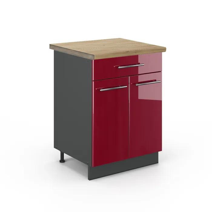 Vicco Meuble cuisine Rouge bordeaux Haute brillance/Anthracite 60cm avec tiroir plan de travail Chêne doré