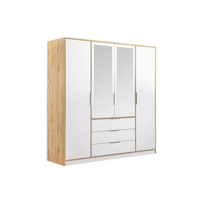 Armoire 4 portes et 3 tiroirs - Avec miroirs - L196 cm - Coloris: Naturel et blanc - LAMIKI