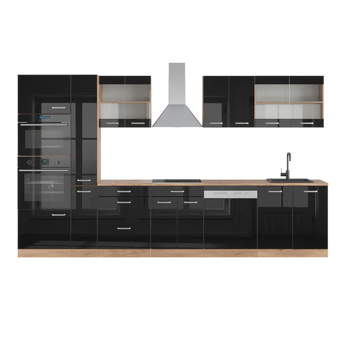 Vicco Cuisine Noir brillant/Chêne doré 350cm avec armoire haute, sans PT