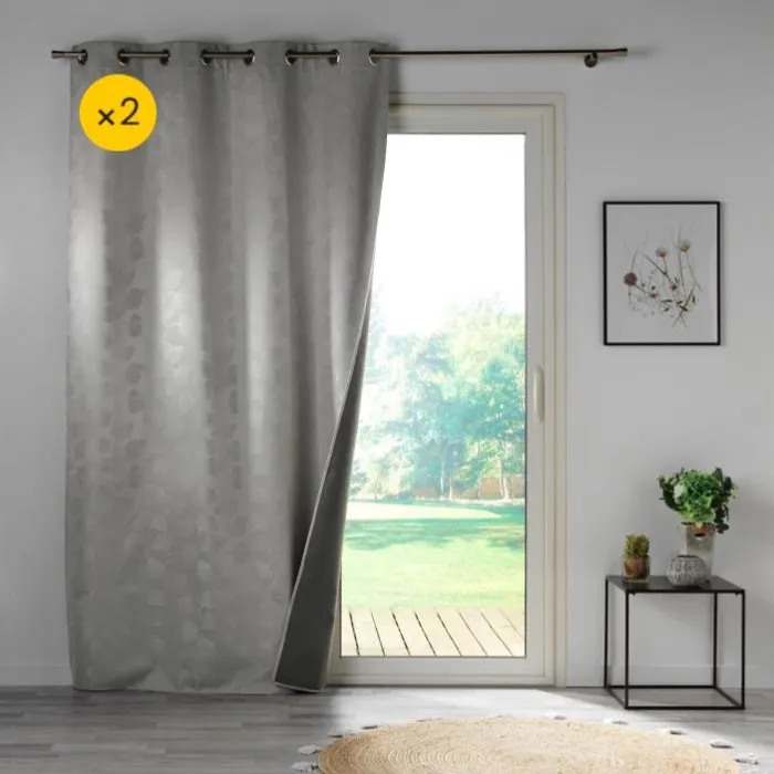 Lot de 2 Rideaux a oeillets 140 x 260 cm 100% occultant/jacquard Lunella Gris