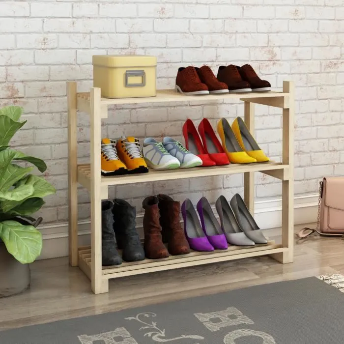 Étagère à chaussures Them à 3 niveaux pin 60 x 68 x 30 cm naturel en.casa
