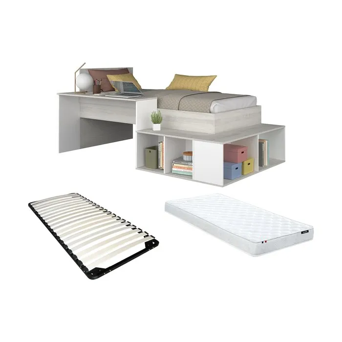 Lit combiné 90 x 200 cm avec rangements et bureau - Coloris: Naturel et blanc + Sommier + Matelas - RIGALI