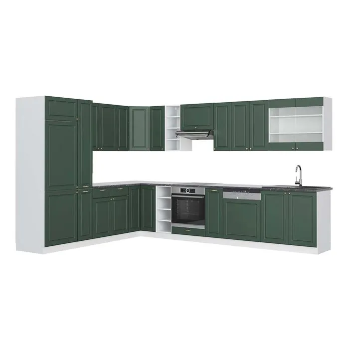 Vicco Cuisine en angle Vert Or Campagne/Blanc 347 x 257 cm plan de travail Anthracite