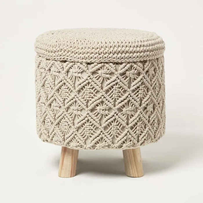 Pouf Bohème Macramé Indy Avec Rangement, Ecru - Homescapes