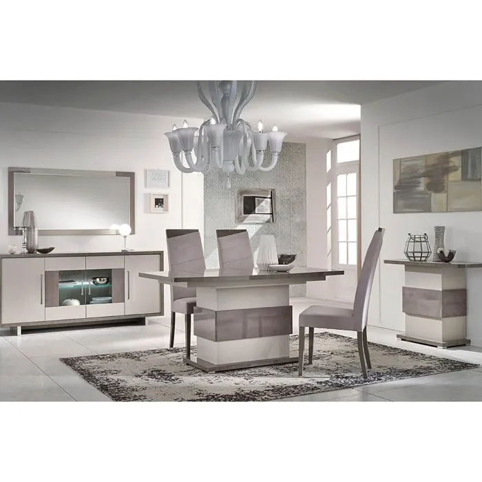 AUXANE - Pack Séjour Table Allongeable + Buffet 4P Led + Console Gris Metallisé et Mat