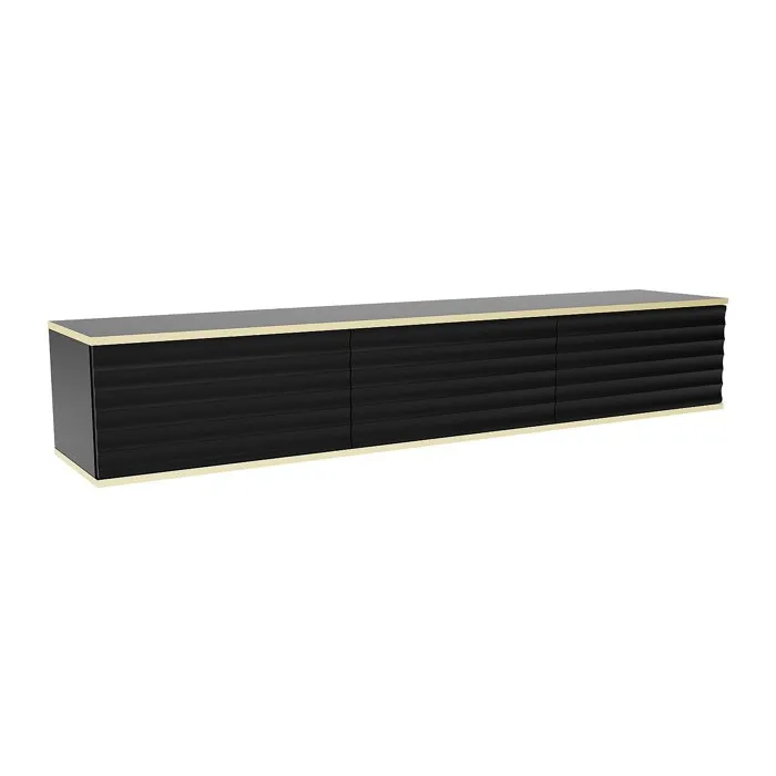 Meuble TV suspendu avec 3 portes en MDF - Noir et Doré - ALESAR