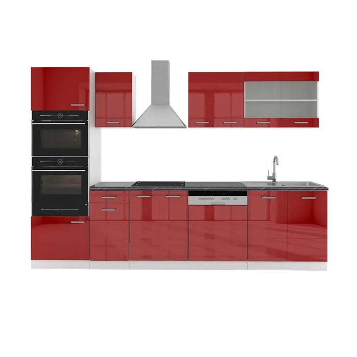 Vicco Cuisine rouge brillant/blanc 300cm avec armoire haute, PT Anthracite