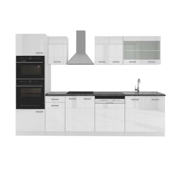 Vicco Cuisine blanc brillant/blanc 300cm avec armoire haute, PT Anthracite