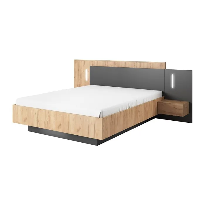 Lit avec chevets 140 x 190 cm - 2 tiroirs - Avec LEDs - Coloris: Naturel et anthracite - FRANCOLI
