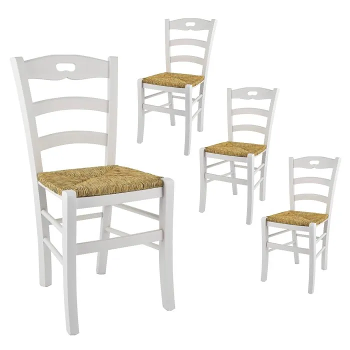 SUZY - Lot de 4 Chaises Laquées Blanc et Assises en Paille