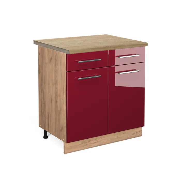 Vicco Meuble cuisine Rouge bordeaux Haute brillance/Chêne doré 80cm plan de travail Chêne doré
