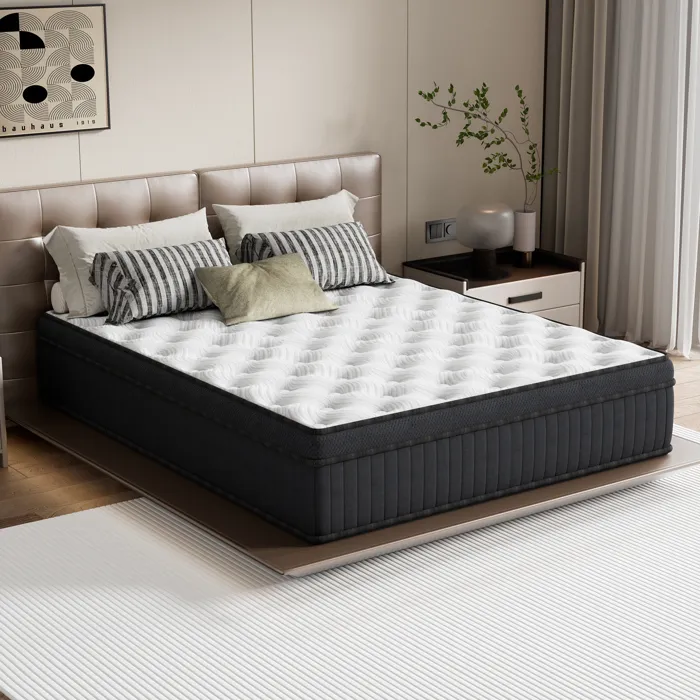 Dewinner 140×190 Cm Ensemble Lit, Sommier Tapissier Marron À 9 Pieds + Matelas Hybride Blanc 25 Cm Avec Ressorts Ensachés Et Mousse À Mémoire, Fermeté Moyenne, Certifié Oeko‑tex