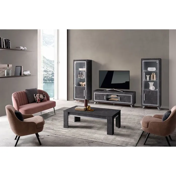GUEDA - Ensemble Salon Complet Effet Marbre Anthracite Meuble TV et Vitrines avec Leds + Table Basse