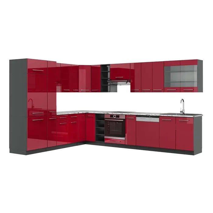 Vicco Cuisine en angle Rouge bordeaux Haute brillance/Anthracite 347 x 257 cm plan de travail Marbre