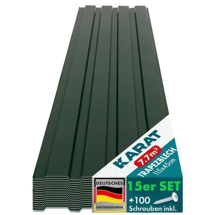 X 15 Tôles Trapézoïdale Tôles Tôle Avec Vis Épaisseur 0,25 Mm, 115 X 45 Cm, Vert