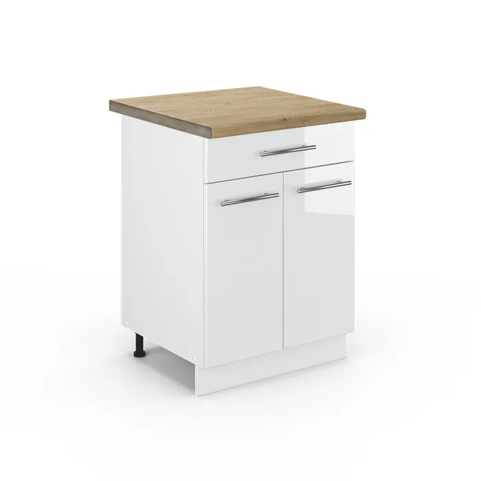 Vicco Meuble cuisine Blanc Haute brillance/Blanc 60cm avec tiroir plan de travail Chêne doré