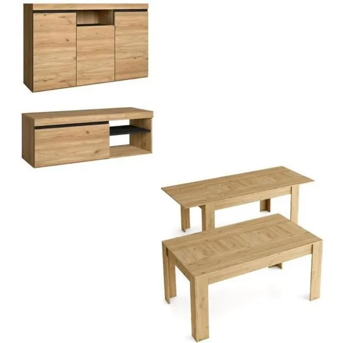 Ensemble Naturale Salon, Buffet-meuble Tv 120cm-table Extensible Chêne Et Noir