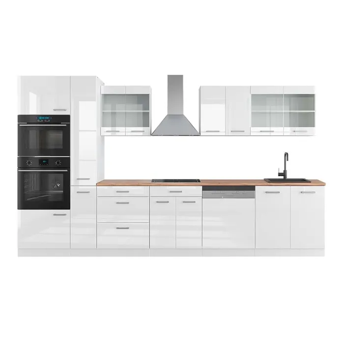 Vicco Cuisine blanc brillant/blanc 350cm avec armoire haute, PT Chêne