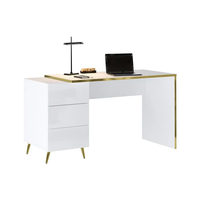 Bureau avec tiroirs - Blanc brillant et doré - MARZIALO