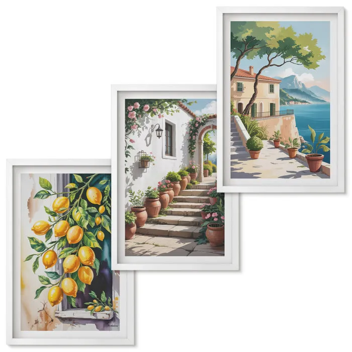 Set de 3 Tableaux Encadres Blanc Tulup 40x60 cm Composition Murale Moderne pour Salon Citrons, fleurs, vue sur la mer