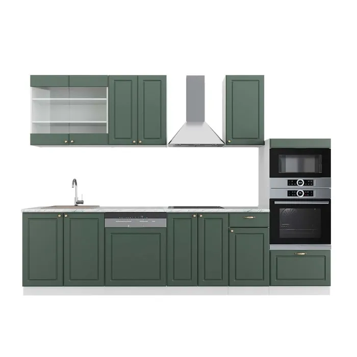 Vicco Cuisine Vert-Or Landhaus/Blanc 300cm avec armoire haute, PT Marbre