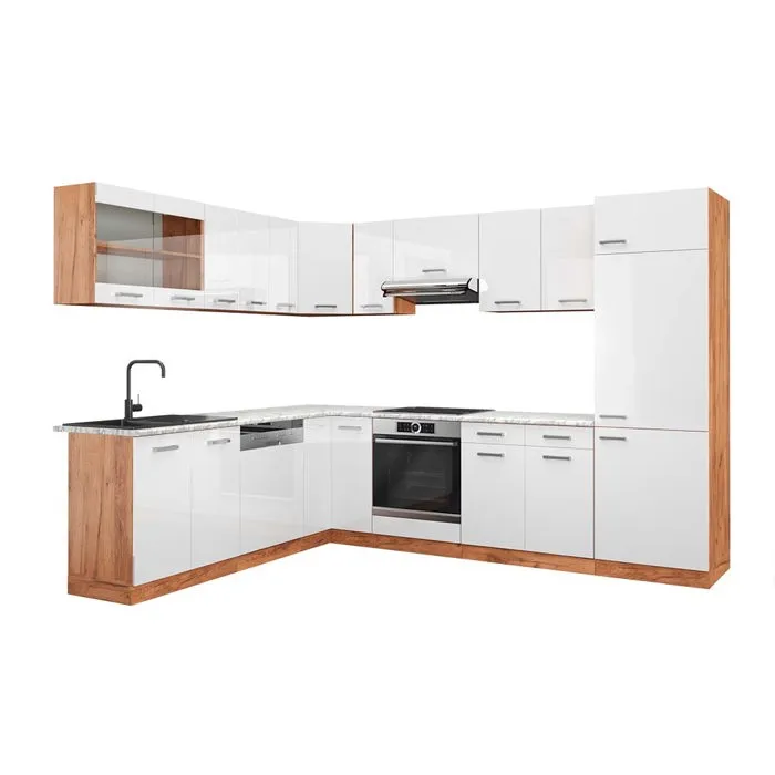 Vicco Cuisine en angle Blanc Haute brillance/Chêne de force doré 287 x 227 cm, PT Marbre