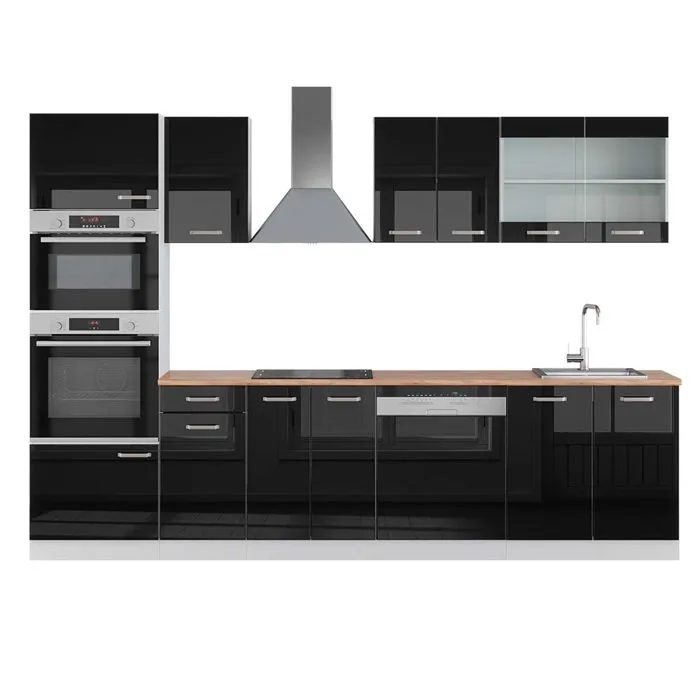 Vicco Cuisine Noir brillant/Blanc 300cm avec armoire haute, PT Chêne