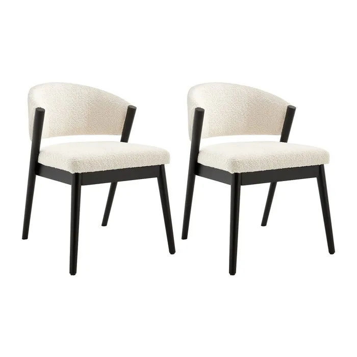 Lot de 2 chaises en tissu bouclette et bois d'hévéa noir - Blanc - ZELVYN