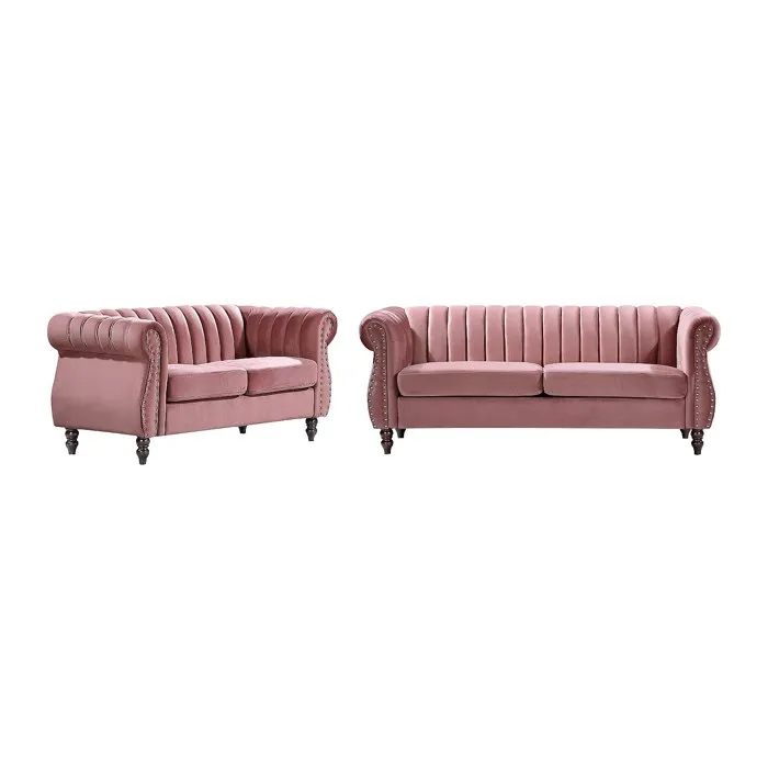 Canapés Chesterfield 3 Places Et 2 Places En Velours Vieux Rose Trumbo
