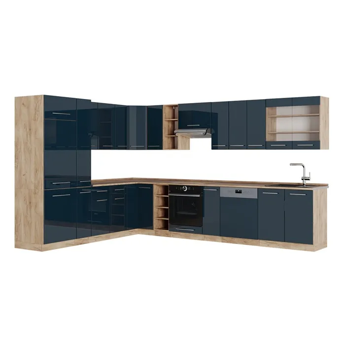Vicco Cuisine dangle Bleu foncé brillant/Chêne de force doré 347 x 257 cm sans PT