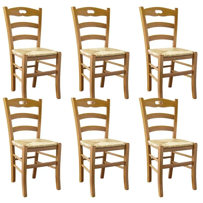 Suzy - Lot De 6 Chaises Teinté Chêne Et Assises En Paille