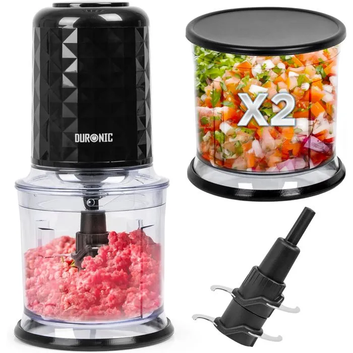 Duronic Ch57 Bk Mini Hachoir 500w Avec 2 Bols De 700 Ml Avec Couvercle Robot Culinaire Pour Légumes Fruits Sauces Purée
