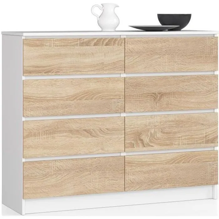 Commode Akord K120 Blanche 120 Cm 8 Tiroirs Façade Chêne Sonoma 120x40x99 Cm