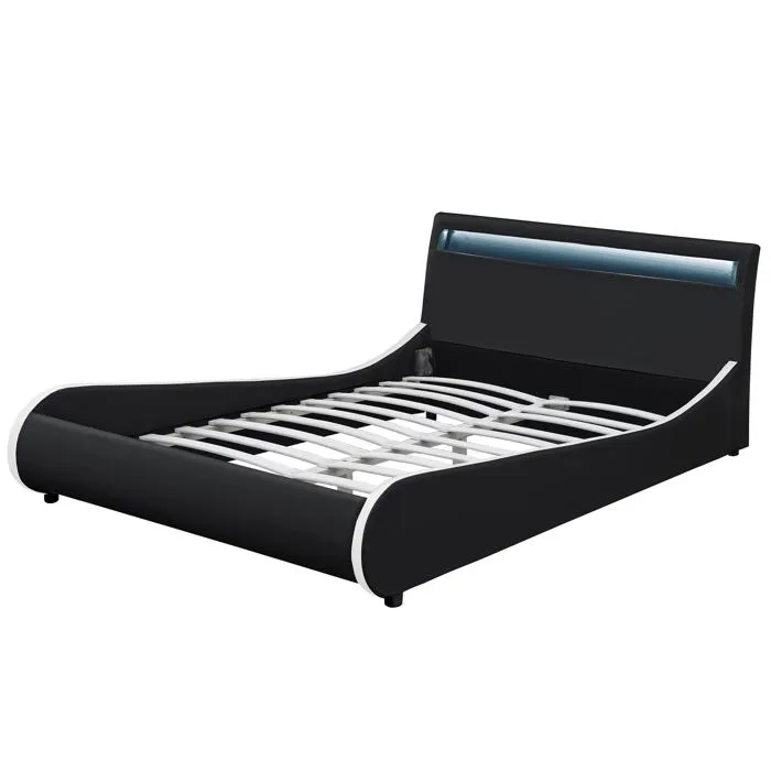 Lit Double 2 Personnes Capitonné Led 180 X 200 Cm En Cuir Synthétique Noir 03_0005334