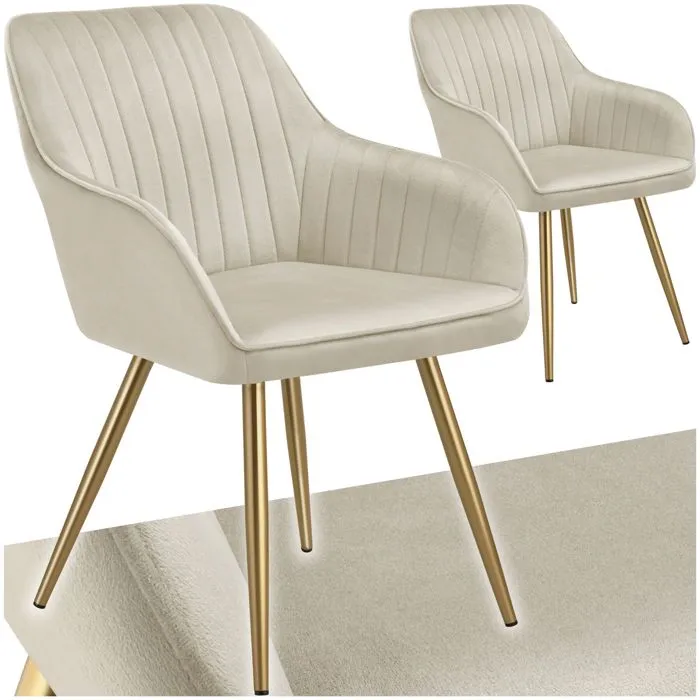Lot 2 Chaises De Salle À Manger Aspect Velours Matelassé Crème/or
