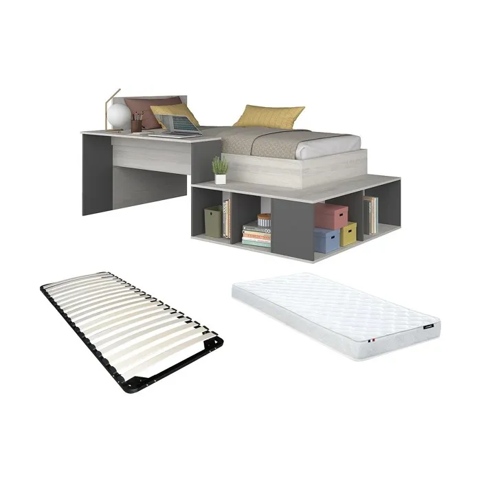 Lit combiné 90 x 200 cm avec rangements et bureau - Coloris: Naturel et anthracite + Sommier + Matelas - RIGALI