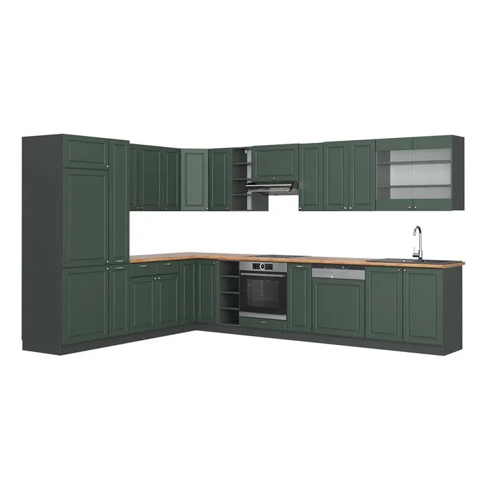 Vicco Cuisine en angle Vert Or Campagne/Anthracite 347 x 257 cm plan de travail Chêne doré