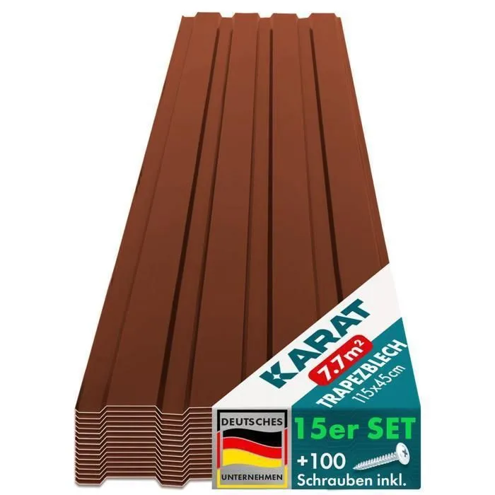 X 15 Tôles Trapézoïdale Tôles Tôle Avec Vis Épaisseur 0,25 Mm, 115 X 45 Cm, Marron