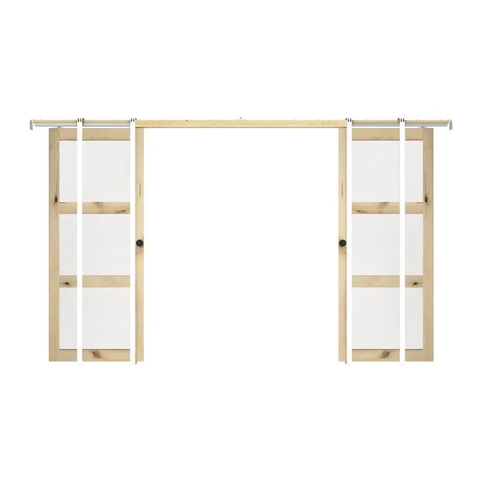 Porte coulissante double avec système à galandage en bois et verre trempé - 3 fenêtres - 2 x H205 x L63 cm - ACOSTA II