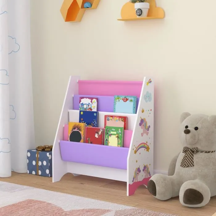 Bibliothèque Fisterra pour enfant avec 4 compartiments ouverts blanc violet rose en.casa