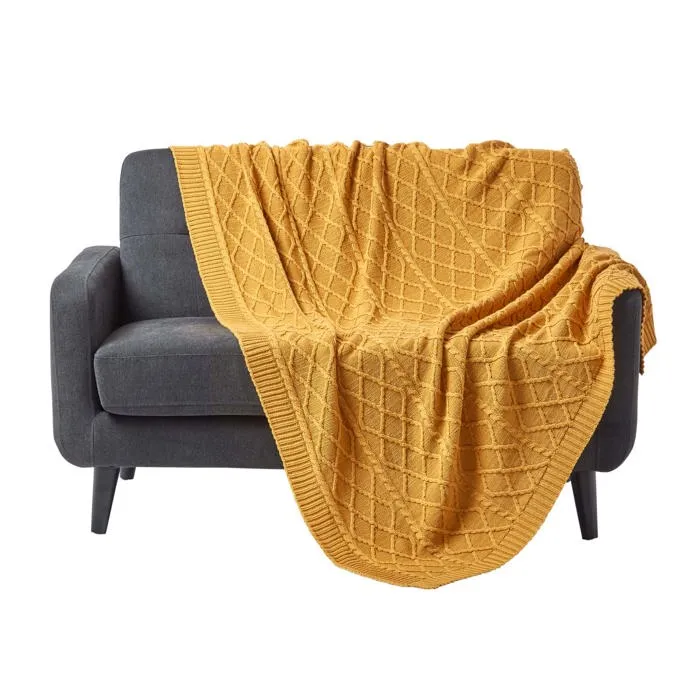 Plaid Jaune Moutarde 130x170cm Tricot Maille Torsadée Homescapes