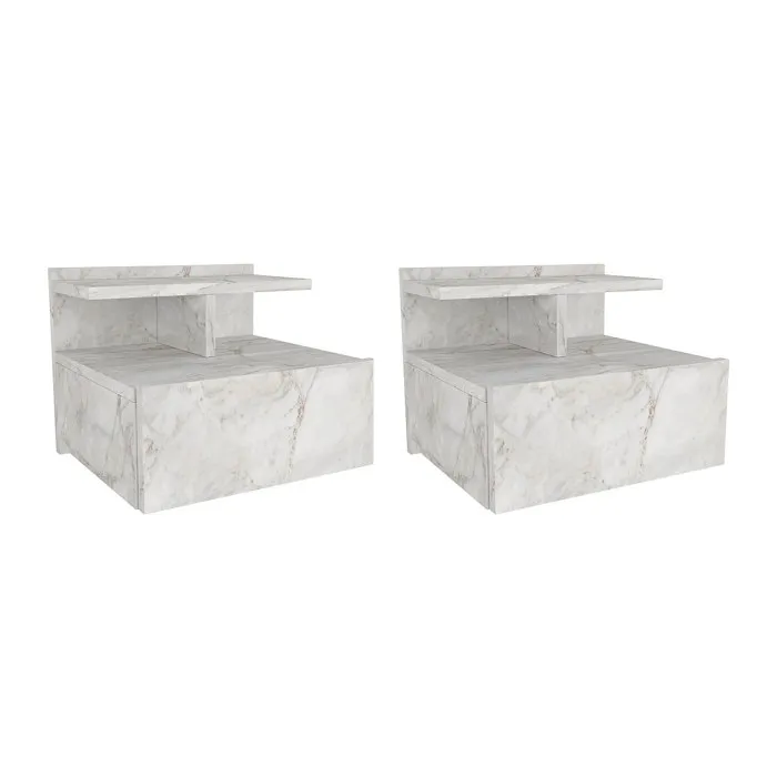 Lot de 2 tables de chevet suspendues - 1 tiroir - Effet marbre blanc - AZELNO