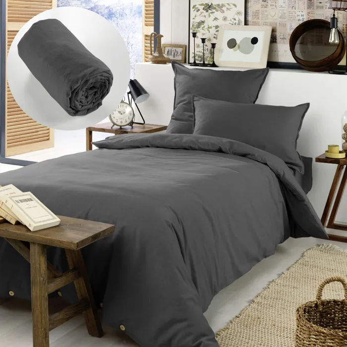 Pack Housse de couette en flanelle 140x200 cm + 1 taie 50x70 + drap housse 90x190 Candice Anthracite
