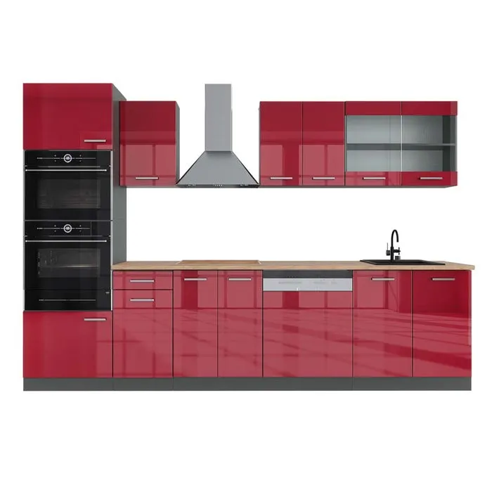 Vicco Cuisine Rouge brillant/Anthracite 300cm avec armoire haute, PT Chêne