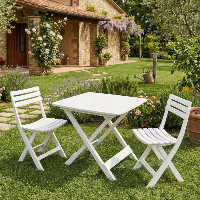 Ensemble de salon d'extérieur Dantonuc, Composition de jardin avec 2 fauteuils et 1 table, Salon de camping, Blanc