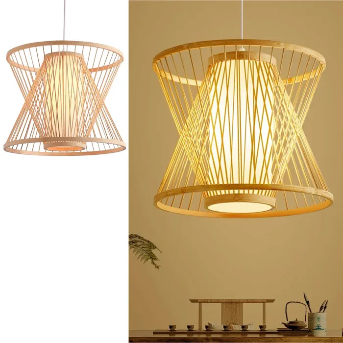 Lampe Suspendue en Osier Hinata Style Oriental Fait à la Main avec Double Couvercle Floron et Câble Blanc, E27
