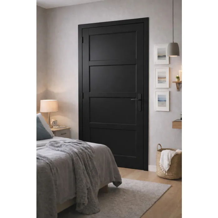 Bloc Porte Telia Noir 4 Panneaux H204 X L73 Cm Côte Tableau P.droit,poignee Gd Menuiseries