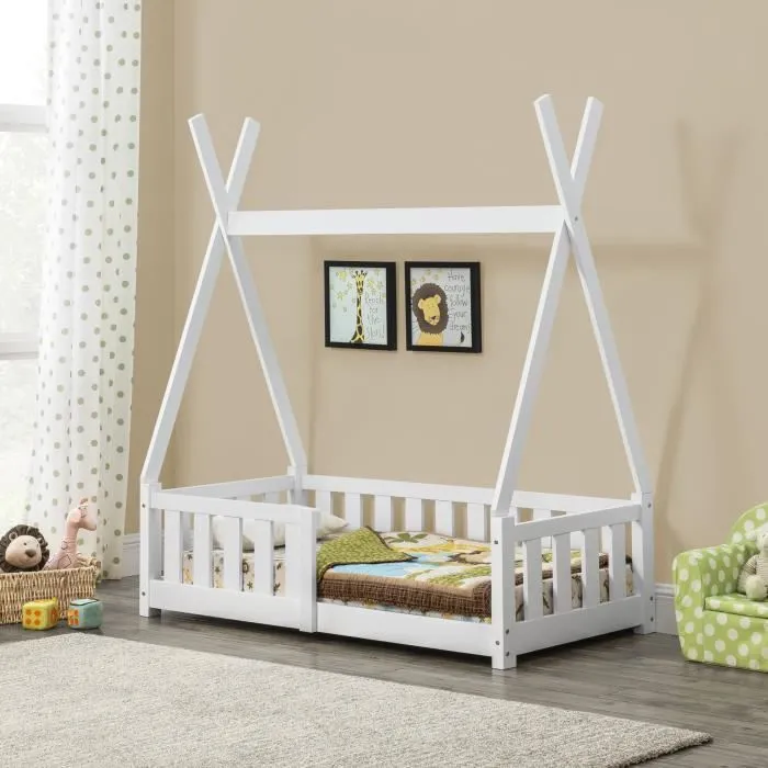 Lit Tipi pour Enfants Helsingborg avec Grille de Sécurité Pin 140 x 70 cm Blanc en.casa