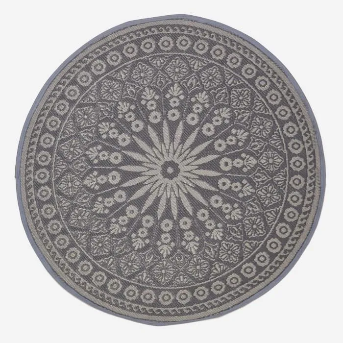 Tapis extérieur terrasse réversible rond - Tapis de jardin imperméable et résistant UV - Mandala - Gris - 170 cm - HOMESCAPES